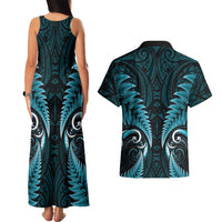 Aotearoa Pounamu Niho Couples Matching Tank Maxi Dress and Hawaiian Shirt Silver Fern Mix Maori Pattern - Turquoise LT14 - Polynesian Pride