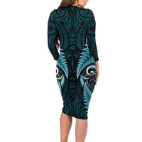 Aotearoa Pounamu Niho Family Matching Long Sleeve Bodycon Dress and Hawaiian Shirt Silver Fern Mix Maori Pattern - Turquoise LT14 - Polynesian Pride
