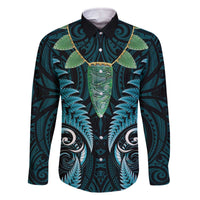 Aotearoa Pounamu Niho Family Matching Off The Shoulder Long Sleeve Dress and Hawaiian Shirt Silver Fern Mix Maori Pattern - Turquoise LT14 Dad's Shirt - Long Sleeve Turquoise - Polynesian Pride