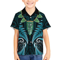 Aotearoa Pounamu Niho Family Matching Off Shoulder Short Dress and Hawaiian Shirt Silver Fern Mix Maori Pattern - Turquoise LT14 Son's Shirt Turquoise - Polynesian Pride