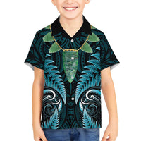 Aotearoa Pounamu Niho Family Matching Short Sleeve Bodycon Dress and Hawaiian Shirt Silver Fern Mix Maori Pattern - Turquoise LT14 Son's Shirt Turquoise - Polynesian Pride