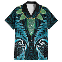 Aotearoa Pounamu Niho Family Matching Summer Maxi Dress and Hawaiian Shirt Silver Fern Mix Maori Pattern - Turquoise LT14 Dad's Shirt - Short Sleeve Turquoise - Polynesian Pride