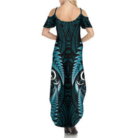 Aotearoa Pounamu Niho Family Matching Summer Maxi Dress and Hawaiian Shirt Silver Fern Mix Maori Pattern - Turquoise LT14 - Polynesian Pride