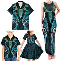 Aotearoa Pounamu Niho Family Matching Tank Maxi Dress and Hawaiian Shirt Silver Fern Mix Maori Pattern - Turquoise LT14 - Polynesian Pride