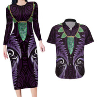 Aotearoa Pounamu Niho Couples Matching Long Sleeve Bodycon Dress and Hawaiian Shirt Silver Fern Mix Maori Pattern - Purple LT14 Purple - Polynesian Pride
