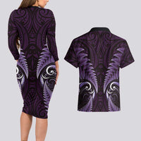 Aotearoa Pounamu Niho Couples Matching Long Sleeve Bodycon Dress and Hawaiian Shirt Silver Fern Mix Maori Pattern - Purple LT14 - Polynesian Pride