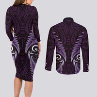 Aotearoa Pounamu Niho Couples Matching Long Sleeve Bodycon Dress and Long Sleeve Button Shirt Silver Fern Mix Maori Pattern - Purple LT14 - Polynesian Pride