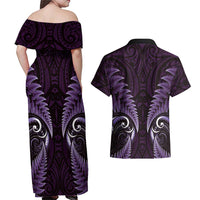 Aotearoa Pounamu Niho Couples Matching Off Shoulder Maxi Dress and Hawaiian Shirt Silver Fern Mix Maori Pattern - Purple LT14 - Polynesian Pride