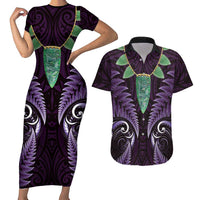 Aotearoa Pounamu Niho Couples Matching Short Sleeve Bodycon Dress and Hawaiian Shirt Silver Fern Mix Maori Pattern - Purple LT14 Purple - Polynesian Pride