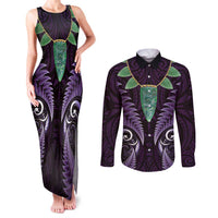 Aotearoa Pounamu Niho Couples Matching Tank Maxi Dress and Long Sleeve Button Shirt Silver Fern Mix Maori Pattern - Purple LT14 Purple - Polynesian Pride