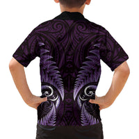 Aotearoa Pounamu Niho Family Matching Off The Shoulder Long Sleeve Dress and Hawaiian Shirt Silver Fern Mix Maori Pattern - Purple LT14 - Polynesian Pride