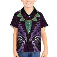 Aotearoa Pounamu Niho Family Matching Off Shoulder Short Dress and Hawaiian Shirt Silver Fern Mix Maori Pattern - Purple LT14 Son's Shirt Purple - Polynesian Pride