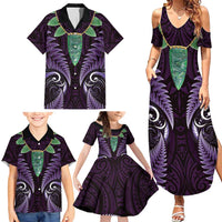 Aotearoa Pounamu Niho Family Matching Summer Maxi Dress and Hawaiian Shirt Silver Fern Mix Maori Pattern - Purple LT14 - Polynesian Pride