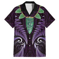 Aotearoa Pounamu Niho Family Matching Tank Maxi Dress and Hawaiian Shirt Silver Fern Mix Maori Pattern - Purple LT14 Dad's Shirt - Short Sleeve Purple - Polynesian Pride