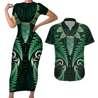 Aotearoa Pounamu Niho Couples Matching Short Sleeve Bodycon Dress and Hawaiian Shirt Silver Fern Mix Maori Pattern - Green LT14 Green - Polynesian Pride