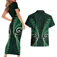 Aotearoa Pounamu Niho Couples Matching Short Sleeve Bodycon Dress and Hawaiian Shirt Silver Fern Mix Maori Pattern - Green LT14 - Polynesian Pride