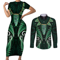 Aotearoa Pounamu Niho Couples Matching Short Sleeve Bodycon Dress and Long Sleeve Button Shirt Silver Fern Mix Maori Pattern - Green LT14 Green - Polynesian Pride