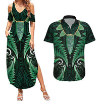 Aotearoa Pounamu Niho Couples Matching Summer Maxi Dress and Hawaiian Shirt Silver Fern Mix Maori Pattern - Green LT14 Green - Polynesian Pride
