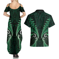 Aotearoa Pounamu Niho Couples Matching Summer Maxi Dress and Hawaiian Shirt Silver Fern Mix Maori Pattern - Green LT14 - Polynesian Pride