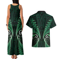 Aotearoa Pounamu Niho Couples Matching Tank Maxi Dress and Hawaiian Shirt Silver Fern Mix Maori Pattern - Green LT14 - Polynesian Pride