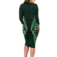 Aotearoa Pounamu Niho Family Matching Long Sleeve Bodycon Dress and Hawaiian Shirt Silver Fern Mix Maori Pattern - Green LT14 - Polynesian Pride