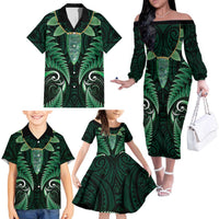 Aotearoa Pounamu Niho Family Matching Off The Shoulder Long Sleeve Dress and Hawaiian Shirt Silver Fern Mix Maori Pattern - Green LT14 - Polynesian Pride