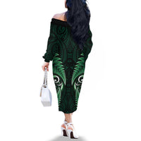 Aotearoa Pounamu Niho Family Matching Off The Shoulder Long Sleeve Dress and Hawaiian Shirt Silver Fern Mix Maori Pattern - Green LT14 - Polynesian Pride