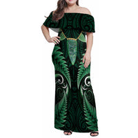 Aotearoa Pounamu Niho Family Matching Off Shoulder Maxi Dress and Hawaiian Shirt Silver Fern Mix Maori Pattern - Green LT14 Mom's Dress Green - Polynesian Pride