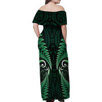 Aotearoa Pounamu Niho Family Matching Off Shoulder Maxi Dress and Hawaiian Shirt Silver Fern Mix Maori Pattern - Green LT14 - Polynesian Pride