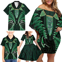 Aotearoa Pounamu Niho Family Matching Off Shoulder Short Dress and Hawaiian Shirt Silver Fern Mix Maori Pattern - Green LT14 - Polynesian Pride