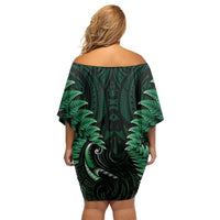 Aotearoa Pounamu Niho Family Matching Off Shoulder Short Dress and Hawaiian Shirt Silver Fern Mix Maori Pattern - Green LT14 - Polynesian Pride