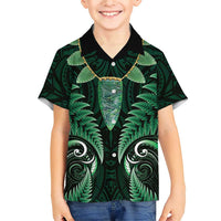 Aotearoa Pounamu Niho Family Matching Short Sleeve Bodycon Dress and Hawaiian Shirt Silver Fern Mix Maori Pattern - Green LT14 Son's Shirt Green - Polynesian Pride