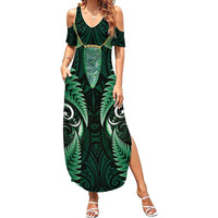 Aotearoa Pounamu Niho Family Matching Summer Maxi Dress and Hawaiian Shirt Silver Fern Mix Maori Pattern - Green LT14 Mom's Dress Green - Polynesian Pride