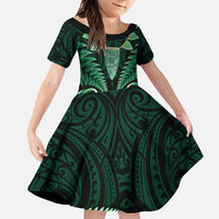 Aotearoa Pounamu Niho Family Matching Tank Maxi Dress and Hawaiian Shirt Silver Fern Mix Maori Pattern - Green LT14 Daughter's Dress Green - Polynesian Pride