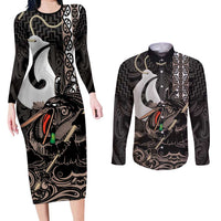 Aotearoa Hei Matau Couples Matching Long Sleeve Bodycon Dress and Long Sleeve Button Shirt Haka Kiwi Mix Maori Mangopare LT14 Black - Polynesian Pride