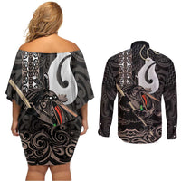 Aotearoa Hei Matau Couples Matching Off Shoulder Short Dress and Long Sleeve Button Shirt Haka Kiwi Mix Maori Mangopare LT14 - Polynesian Pride