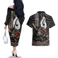 Aotearoa Hei Matau Couples Matching Off The Shoulder Long Sleeve Dress and Hawaiian Shirt Haka Kiwi Mix Maori Mangopare LT14 - Polynesian Pride