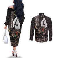Aotearoa Hei Matau Couples Matching Off The Shoulder Long Sleeve Dress and Long Sleeve Button Shirt Haka Kiwi Mix Maori Mangopare LT14 - Polynesian Pride