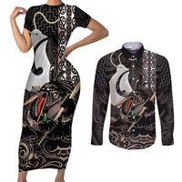 Aotearoa Hei Matau Couples Matching Short Sleeve Bodycon Dress and Long Sleeve Button Shirt Haka Kiwi Mix Maori Mangopare LT14 Black - Polynesian Pride