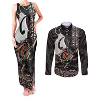 Aotearoa Hei Matau Couples Matching Tank Maxi Dress and Long Sleeve Button Shirt Haka Kiwi Mix Maori Mangopare LT14 Black - Polynesian Pride