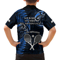 New Zealand Tiki Tennis Family Matching Off Shoulder Maxi Dress and Hawaiian Shirt 2024 Aotearoa Tenehi Maori Silver Fern - Blue LT14 - Polynesian Pride
