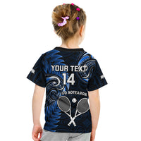 Custom New Zealand Tiki Tennis Kid T Shirt 2024 Aotearoa Tenehi Maori Silver Fern - Blue LT14 - Polynesian Pride