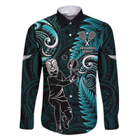 Custom New Zealand Tiki Tennis Family Matching Summer Maxi Dress and Hawaiian Shirt 2024 Aotearoa Tenehi Maori Silver Fern - Turquoise LT14 Dad's Shirt - Long Sleeve Turquoise - Polynesian Pride