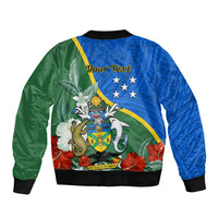 Personalised Halo Olaketa Solomon Islands Sleeve Zip Bomber Jacket Coat Of Arms With Tropical Flowers Flag Style LT14 - Polynesian Pride