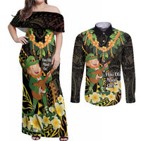 Hawaii Saint Patrick's Day Couples Matching Off Shoulder Maxi Dress and Long Sleeve Button Shirt Ukulele Leprechaun Hau'Oli Maoli Oe! LT14 Reggae - Polynesian Pride