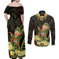Hawaii Saint Patrick's Day Couples Matching Off Shoulder Maxi Dress and Long Sleeve Button Shirt Ukulele Leprechaun Hau'Oli Maoli Oe! LT14 - Polynesian Pride