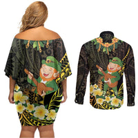 Hawaii Saint Patrick's Day Couples Matching Off Shoulder Short Dress and Long Sleeve Button Shirt Ukulele Leprechaun Hau'Oli Maoli Oe! LT14 - Polynesian Pride