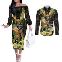 Hawaii Saint Patrick's Day Couples Matching Off The Shoulder Long Sleeve Dress and Long Sleeve Button Shirt Ukulele Leprechaun Hau'Oli Maoli Oe! LT14 Reggae - Polynesian Pride