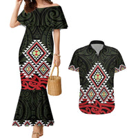 Kia Ora Aotearoa Couples Matching Mermaid Dress and Hawaiian Shirt 2025 Pasifika Maori Taniko Motifs LT14 Black - Polynesian Pride