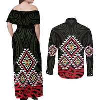 Kia Ora Aotearoa Couples Matching Off Shoulder Maxi Dress and Long Sleeve Button Shirt 2025 Pasifika Maori Taniko Motifs LT14 - Polynesian Pride
